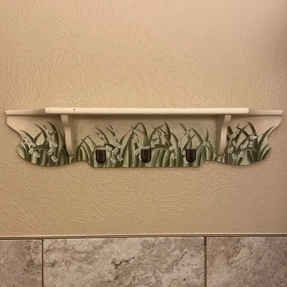 Country chic hand painted floral crackle paint flat shelf with 3‎ hooks